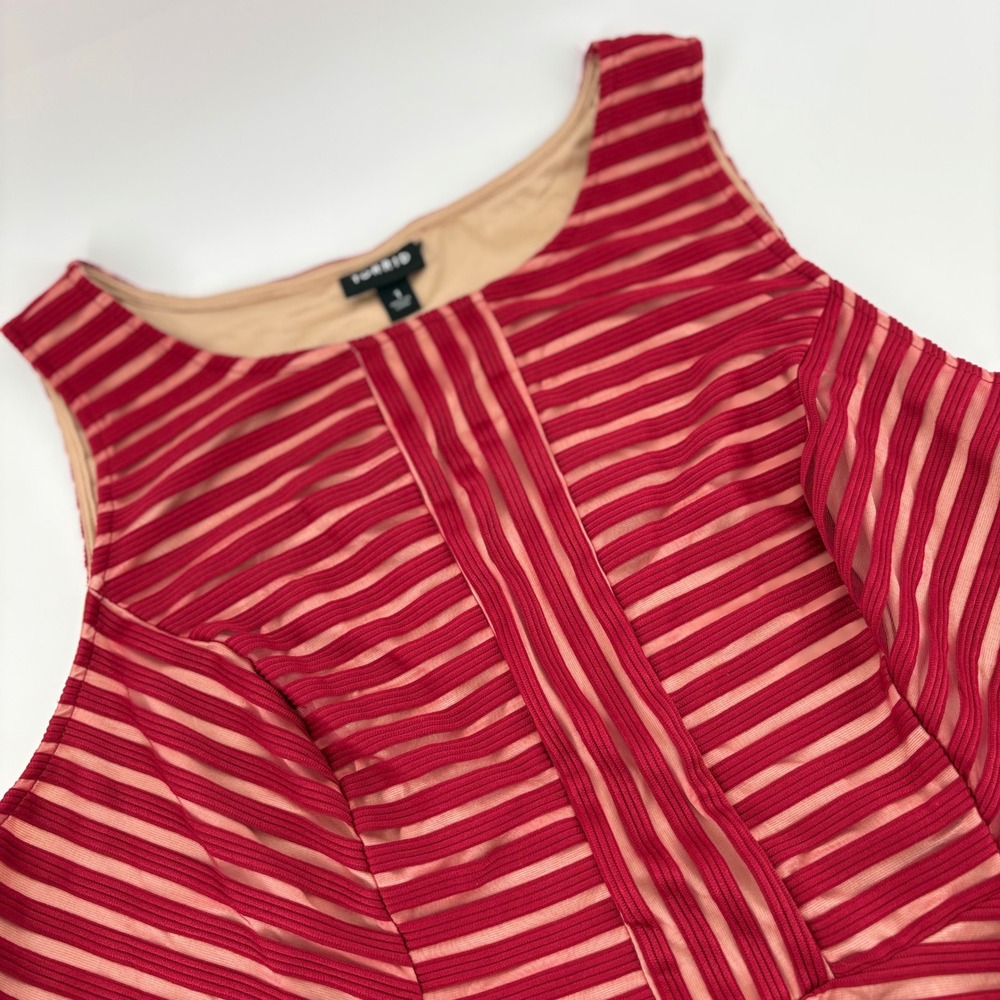 Torrid Red Striped Mesh Peplum Top Size 1 Sleeveless Illusion Overlay Blouse